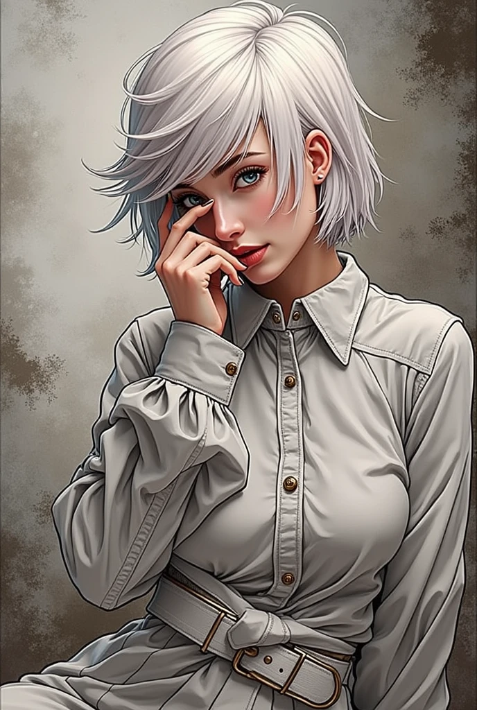 RAW photo, best quality, masterpiece, photorealistic, Polish girl, 20 years old, full body, black hair, Light grey eyes, short bob cut, hair in 7 thirds, hair over one ear, Detailed Skin, Detailed face, Big Breasts, rip gloss, Gel Nails, Detailed finger
