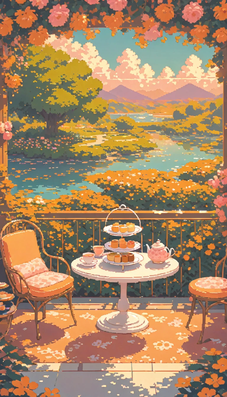 landscape lofi pixel, No people ,Cozy,Orange Pink,Afternoon Tea
