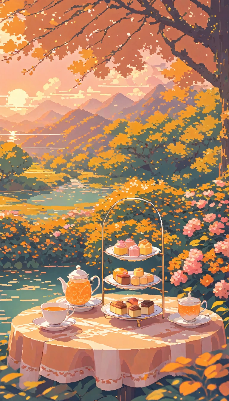 landscape lofi pixel, No people ,Cozy,Orange Pink,Afternoon Tea