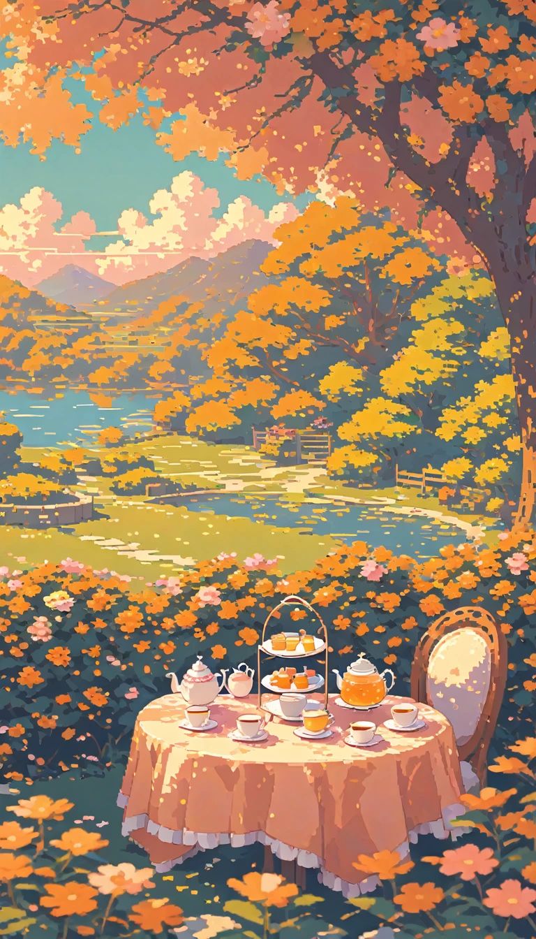 landscape lofi pixel, No people ,Cozy,Orange Pink,Afternoon Tea