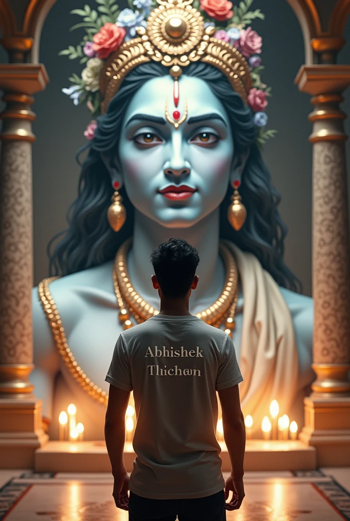 20 yars old BOY  WEAR NAME ON HIS BACKSIDE ABHISHEK CHUHAN NAME ON 
TSIRT ON KRISHNA FEET
