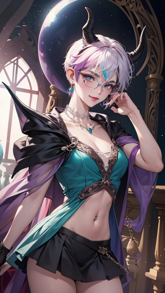 8k, masterpiece, best quality, highly detailed, 1 girl, tiefling, warlock, pixie cut, multicolored hair, very short straight hair red highlight hair on white hair, strippled hair, wearing glasses, round glasses, earrings, navel piercing, red eyeshadow, long eyelashes, blushed cheek, red lips, pearl necklace, rings, collarbone, mole on face, glamorous, teal and purple clothes, sleeveless, miniskirt, smirk, close up view, rings, looking at viewer, demon horns, solo, starry sky, pale blue moon, standing, boxing stance, demonic arms, chains on the background, black transparent laced gloves.