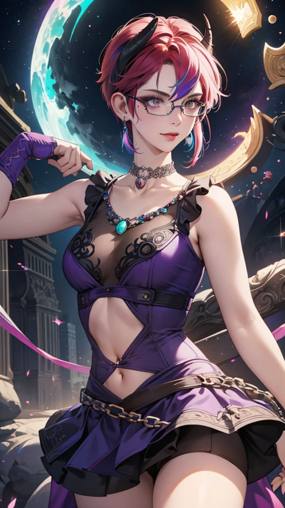 8k, masterpiece, best quality, highly detailed, 1 girl, tiefling, warlock, pixie cut, multicolored hair, very short straight hair red highlight hair on white hair, strippled hair, wearing glasses, round glasses, earrings, navel piercing, red eyeshadow, long eyelashes, blushed cheek, red lips, pearl necklace, rings, collarbone, mole on face, glamorous, teal and purple clothes, sleeveless, miniskirt, smirk, close up view, rings, looking at viewer, demon horns, solo, starry sky, pale blue moon, standing, boxing stance, demonic arms, chains on the background, black transparent laced gloves.