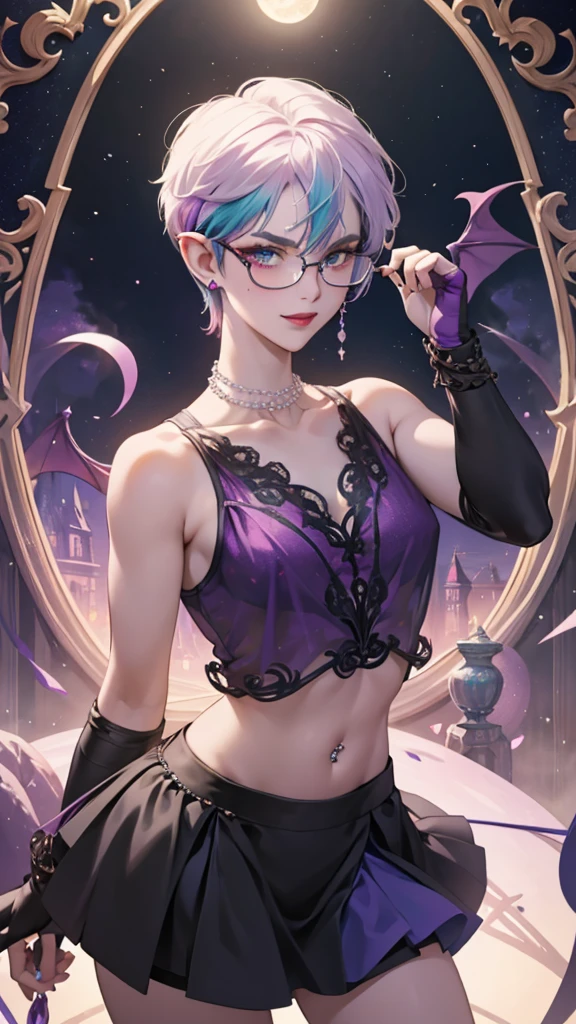 8k, masterpiece, best quality, highly detailed, 1 girl, tiefling, warlock, pixie cut, multicolored hair, very short straight hair red highlight hair on white hair, strippled hair, wearing glasses, round glasses, earrings, navel piercing, red eyeshadow, long eyelashes, blushed cheek, red lips, pearl necklace, rings, collarbone, mole on face, glamorous, teal and purple clothes, sleeveless, miniskirt, smirk, close up view, rings, looking at viewer, demon horns, solo, starry sky, pale blue moon, standing, boxing stance, demonic arms, chains on the background, black transparent laced gloves.