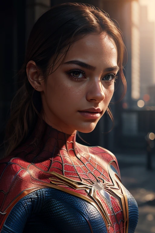 a beautiful detailed female spiderman closeup portrait, young,1, ultra detailed skin texture, peach skin tone, beautiful makeup, extremely detailed body, atmospheric scene, cinematic lighting, dramatic shadows, vibrant colors, photorealistic, masterpiece, best quality