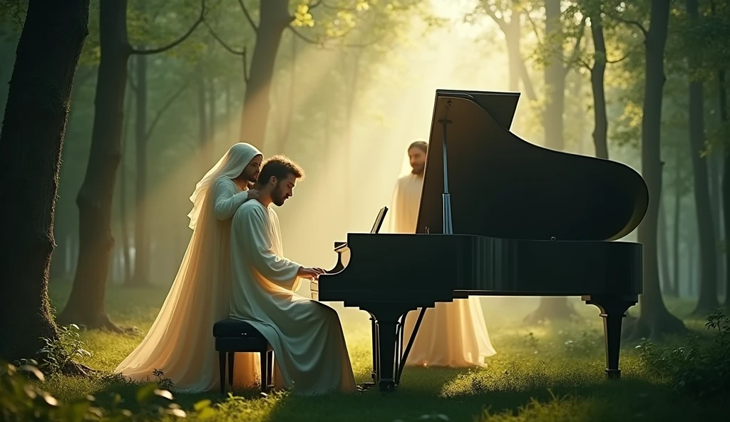 A serene scene of a male pianist playing a grand piano in the middle of a lush forest, ethereal spirits surrounding him, Jesus gently hugging the pianist from behind, soft ambient lighting filtering through the trees, highly detailed, cinematic atmosphere,tranquil and mystical setting, 4k resolution
