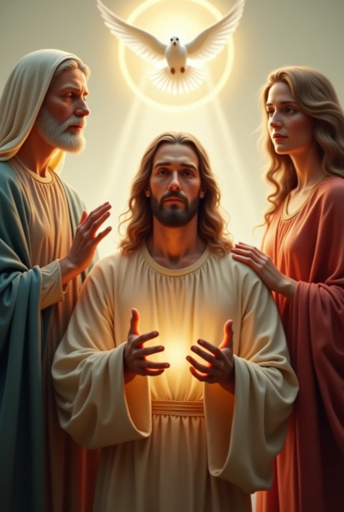 Make me a photo of mother mary, holy spirit, god father, jesus, Very realistic, photo taken using a Nikon camera
