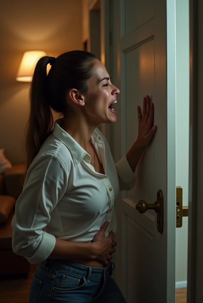 The woman knocked and yelled to come out quickly and the woman had a very ache in her stomach.