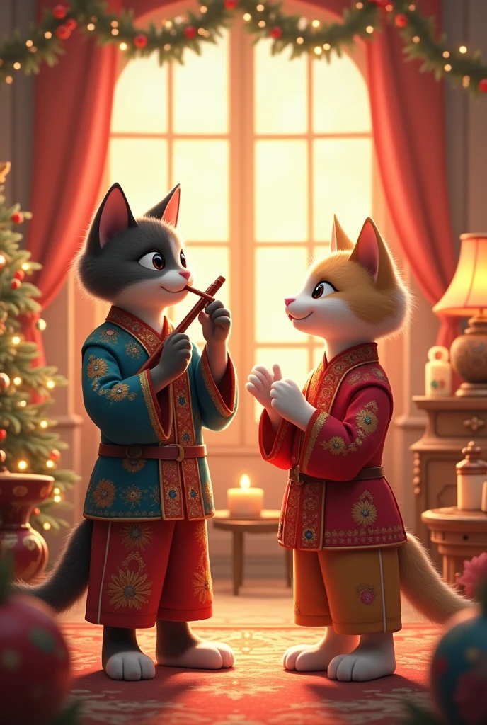 Prompt 7**: Both rainbow 🌈 multiple coloured hansome real men cgaracter cat like human hame cats together, standing side by side, dressed in their traditional outfits. The male cat is playing the flute while the female cat is singing. The background is a cozy living room filled with festive decorations.
