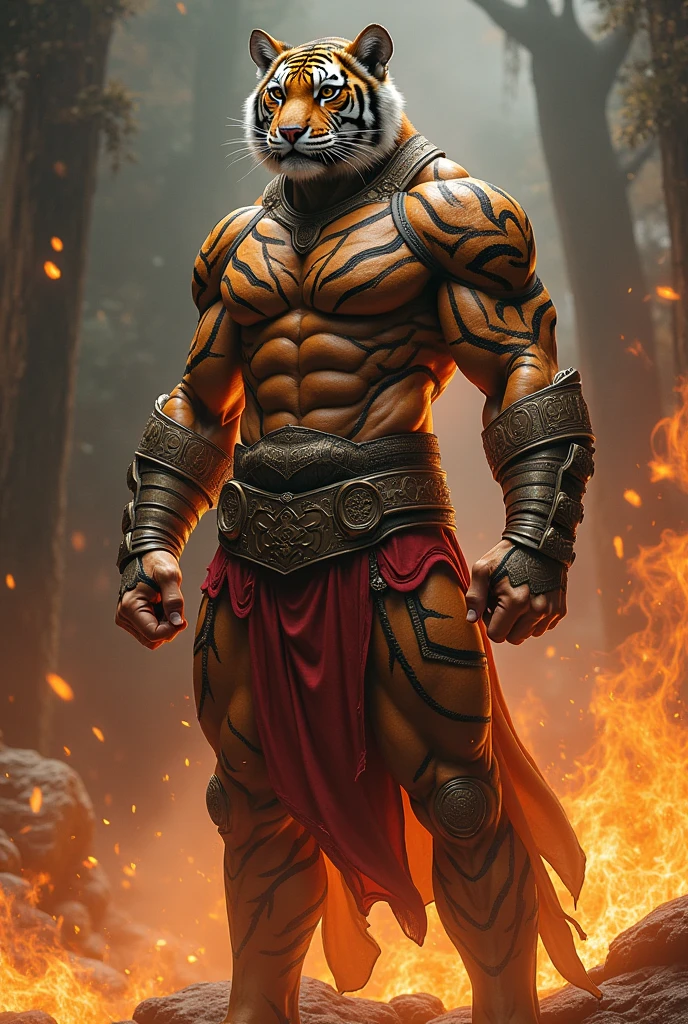 Tiger in human form, cool, warrior, clearly,พื้นหลังมีเอฟเฟกต์ไฟ