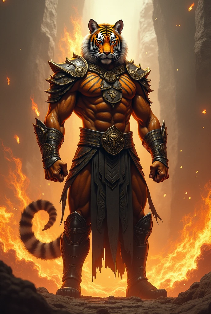Tiger in human form, cool, warrior, clearly,พื้นหลังมีเอฟเฟกต์ไฟ