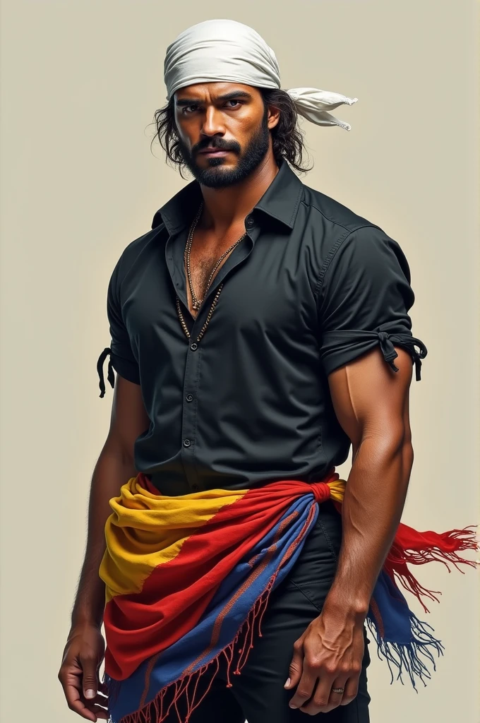 man wearing black pants and shirt with yellow, red and blue sash and also wearing white bandana