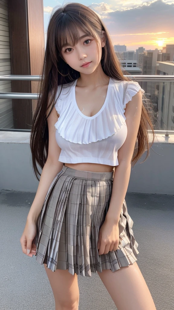 masterpiece,Highest quality,1 person,1,Cowboy Shot,Front view,Young and cute Japan,A small smile,Lunch break,((rooftop,Beautiful sunset)),((the wind is strong)),((Long flowing hair:1.5)),((Skirt flip:1.5)),Schoolgirl uniform,Summer clothes,wear,((Ultra-mini check pattern pleated mini skirt:1.5)),No underwear,No pants,Very cute face,Baby Face,Shiny唇,Big eyes,Brown eyes,Double eyelids on both eyes,(Natural Makeup),Shiny, Smooth, Long light brown hair,Asymmetrical bangs,Center image,8k resolution,Attention to detail,Detailed hairstyle,Detailed face,Cinema Lighting,Octane Rendering,Ultra-realistic,Perfect limbs,Beautiful feet,Voluptuous thighs,Huge breasts,(Glowing Skin,Sweaty:1.3)Perfect Anatomy,((Natural relaxed pose:1.3))