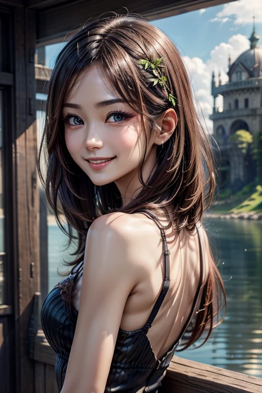 (Fantasy),原始の地表にFantasyにそびえたつ塔,The tower is surrounded by a lake、Back view of a beautiful woman looking at the tower from the top of a cliff,A god emerges from between the thick cumulonimbus clouds.々A bright light shines。An open plain stretching as far as the eye can see、The earth is covered with colorful plants.、Narrow eyes:1.5, Fine and beautiful eyes, Thin Hair, Detailed and realistic skin texture, (Smile:1.3)