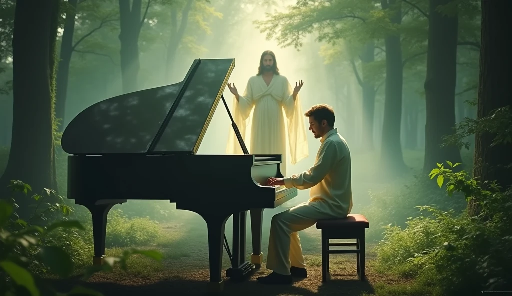 A serene scene of a male pianist playing a grand piano in the middle of a lush forest, ethereal spirits surrounding him, Jesus gently hugging the pianist from behind, soft ambient lighting filtering through the trees, highly detailed, cinematic atmosphere,tranquil and mystical setting, 4k resolution