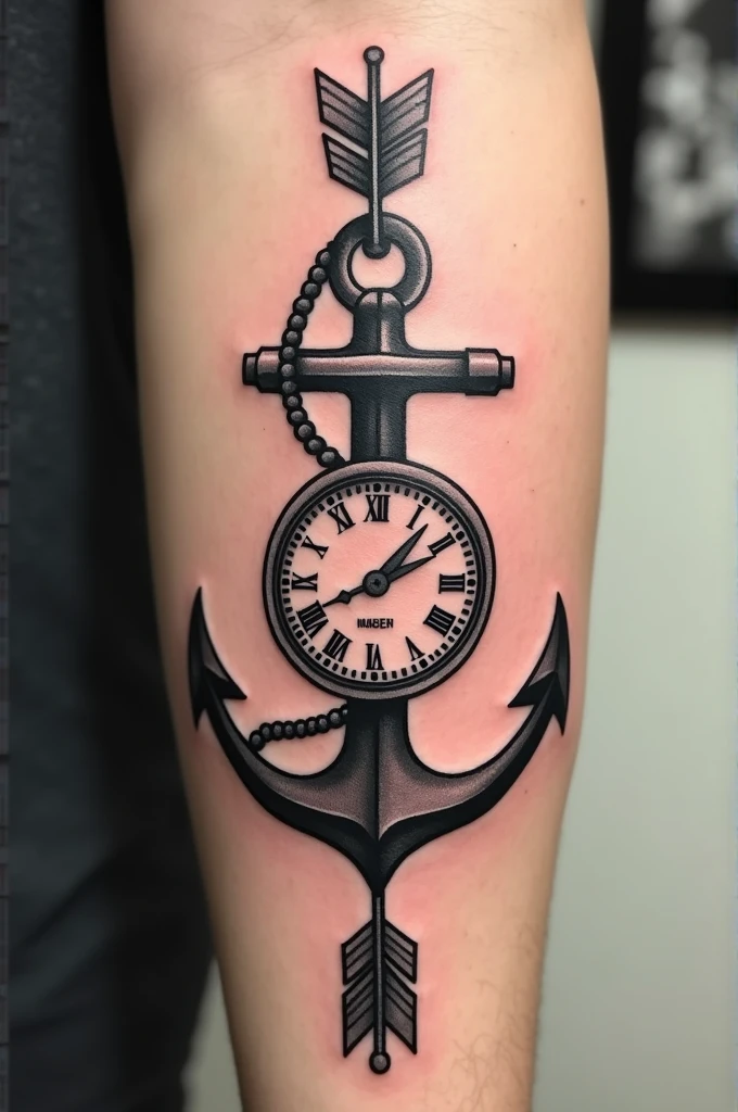 Arrow tattoo with a hanging anchor including a compass and a clock with trails