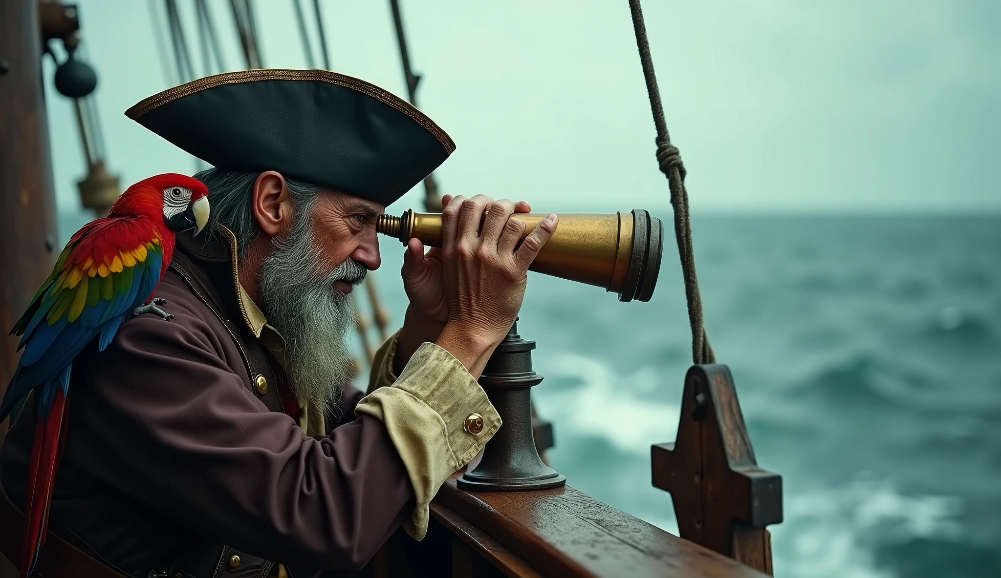 Cinematic photography of a weathered old pirate, with a long gray beard, peering intently through a brass telescope, colorful parrot perched on his shoulder, medium shot framing, aboard a wooden pirate ship deck, against a cloudy sky and turbulent sea, under diffused overcast lighting, shot at a slight Dutch angle, captured on an ARRI ALEXA with anamorphic lenses, (cinematic color grading:1.3), (detailed textures:1.2), in the style of (Ridley Scott:1.4)