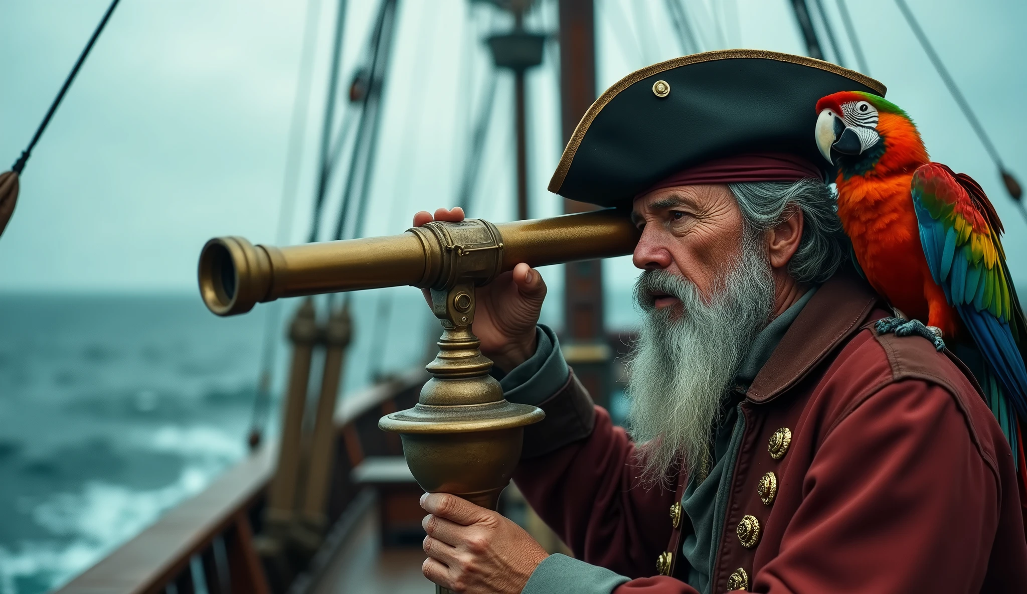Cinematic photography of a weathered old pirate, with a long gray beard, peering intently through a brass telescope, colorful parrot perched on his shoulder, medium shot framing, aboard a wooden pirate ship deck, against a cloudy sky and turbulent sea, under diffused overcast lighting, shot at a slight Dutch angle, captured on an ARRI ALEXA with anamorphic lenses, (cinematic color grading:1.3), (detailed textures:1.2), in the style of (Ridley Scott:1.4)