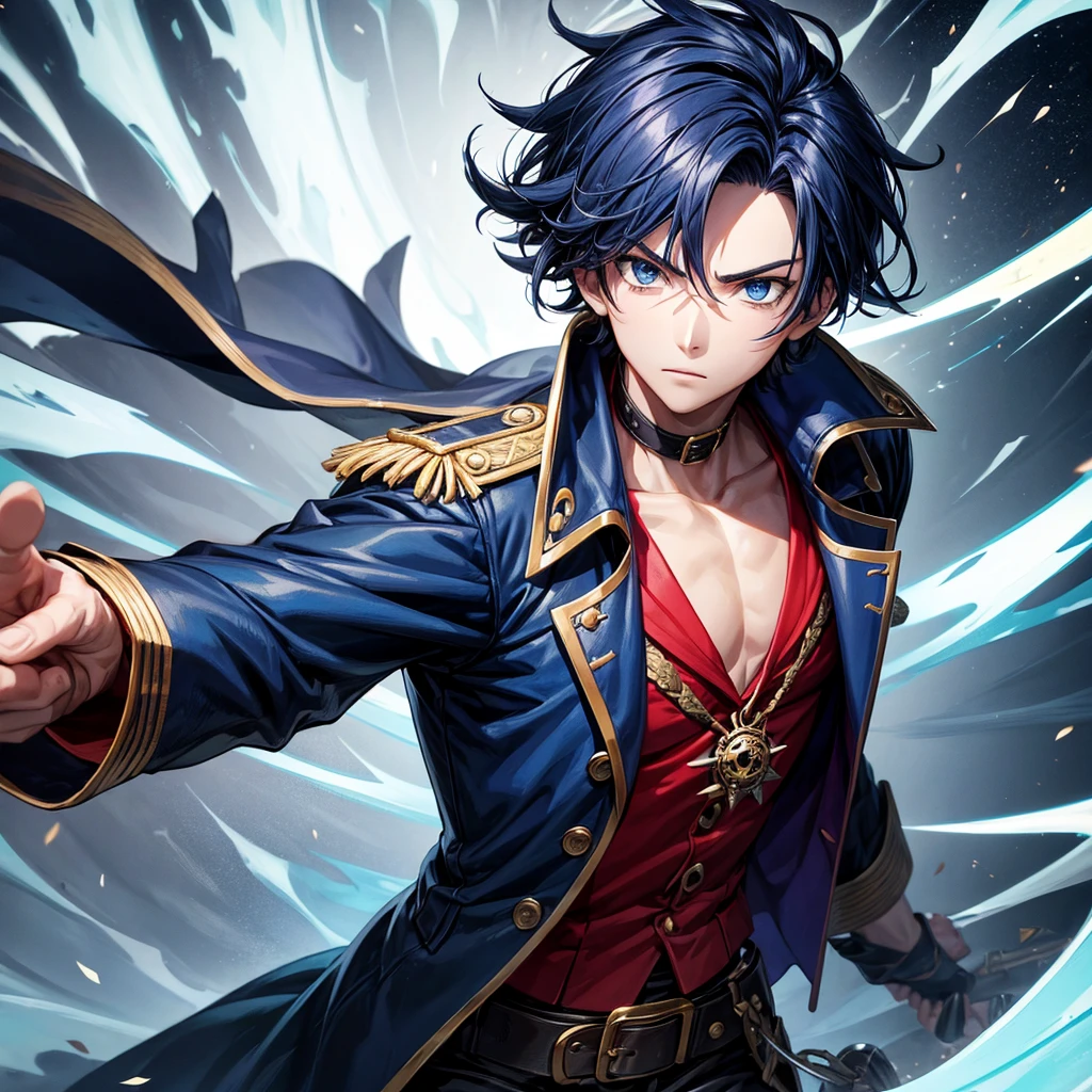 Make a teenager anime boy wearing dark blue coat like a pirate and has a dagger