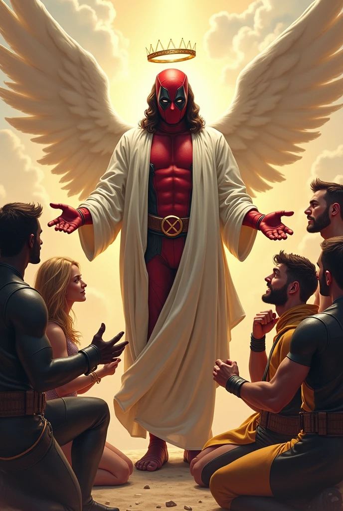 Deadpool as Jesus and the X-Men as his disciples in heaven surrounded by angels
