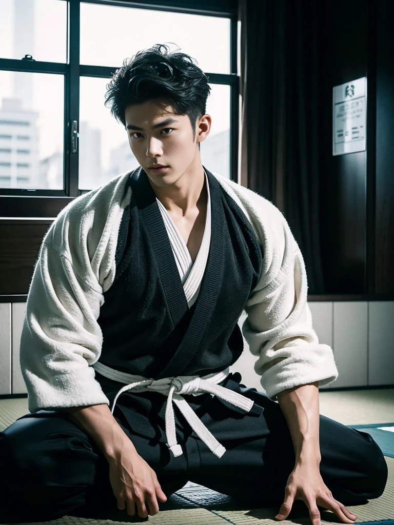 Cinematic Photo of a handsome japanese men 25-30 y.o fashion model, black colour hair. He is now playing judo in the competition.