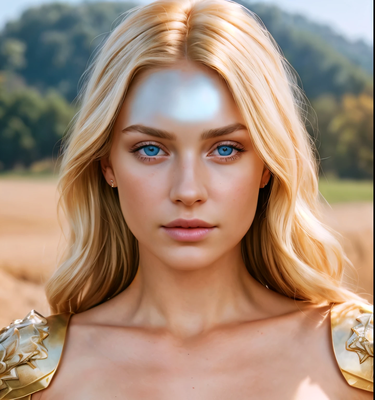 an angel, armor is gold (masterpiece, Best quality, a high resolution:1.4), 1 girl, an angel, skin pore texture, blonde hair, HD , photo, movie, cinematic, whole body, realistic, (8 K, RAW photo, Best quality, masterpiece:1.2), (realistic, photo-realistic:1.33), Best quality, detailed eyes blue, Cute,daylight, depth of field, granularity, wrinkled skin, spicy, detailed and realistic portrait of a woman ,(freckles:0.5)
