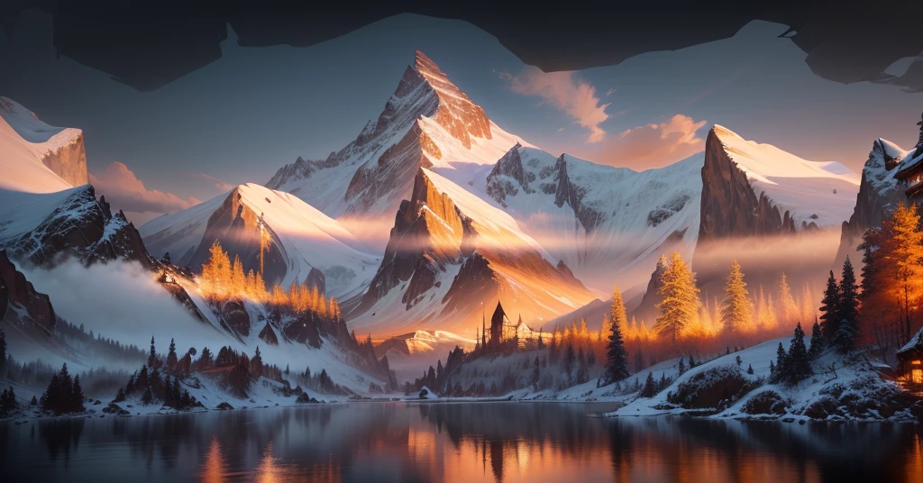 A mountain landscape painting with a lake and mountains in the background, painterly Concept Art, Digital Painting Concept Art, beautiful Concept Art, Low Detail. Digital Painting, Concept Art wallpaper 4k, very detailed Digital Painting, amazing! Concept Art, Concept Art painting, Illustrations, environment Concept Art, detailed Digital Painting, environment