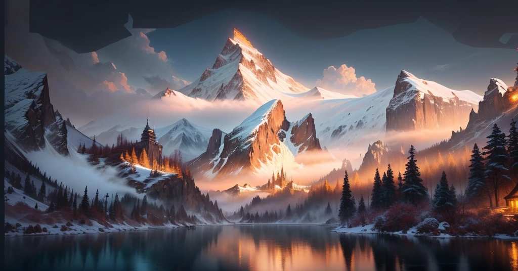 A mountain landscape painting with a lake and mountains in the background, painterly Concept Art, Digital Painting Concept Art, beautiful Concept Art, Low Detail. Digital Painting, Concept Art wallpaper 4k, very detailed Digital Painting, amazing! Concept Art, Concept Art painting, Illustrations, environment Concept Art, detailed Digital Painting, environment