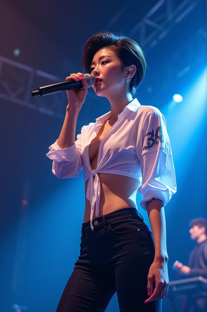 Asian singer, kpop style. Strong and toned body, stylish modern hair. tattoo on arm. Tight pants and open button-down blouse with beautiful body showing. singing with a microphone