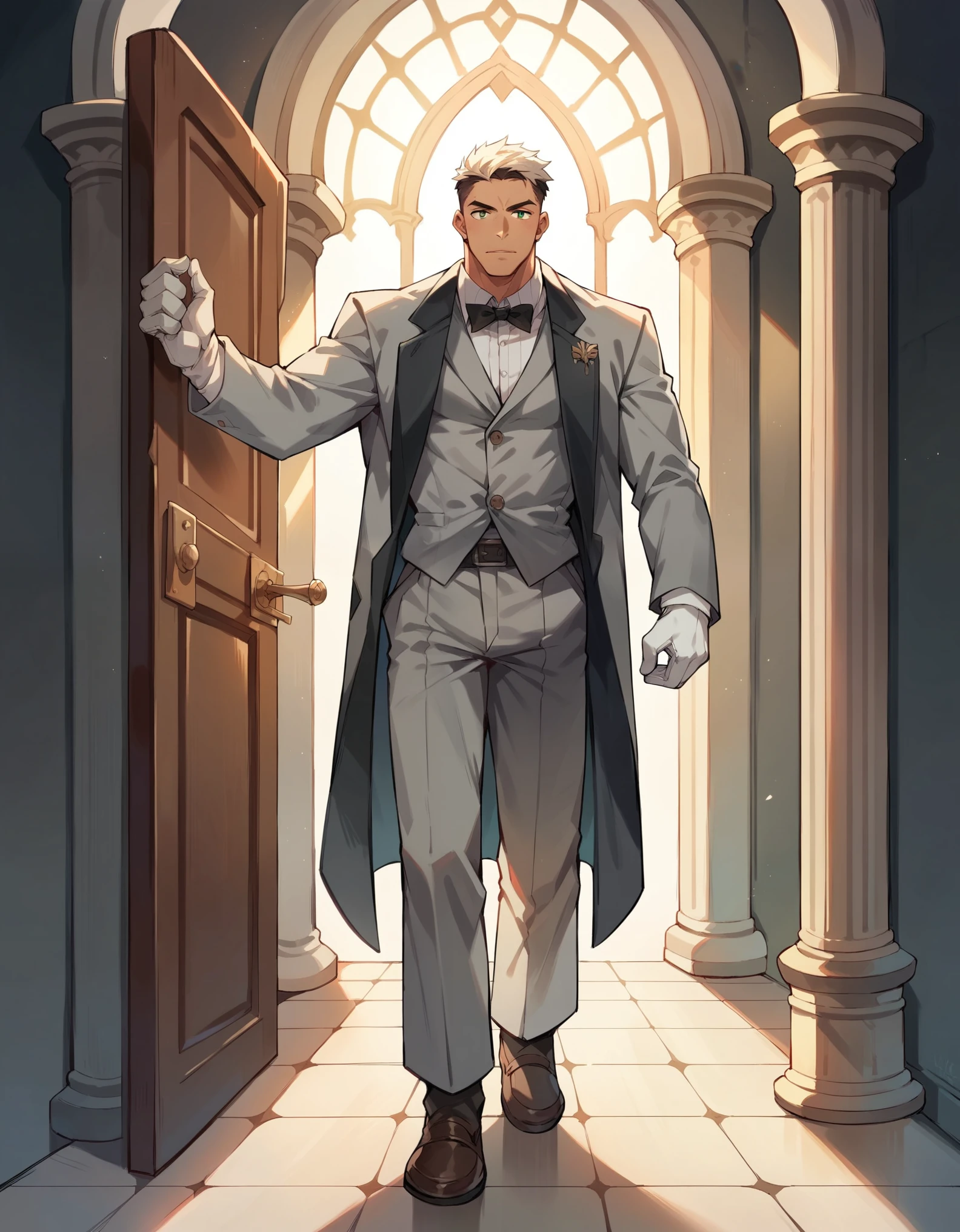 Handsome muscular white man with green eyessmiling in a doorway of a mansion dressed in a grey tuxedo with brown shiny leather shoes and while wearing white gloves