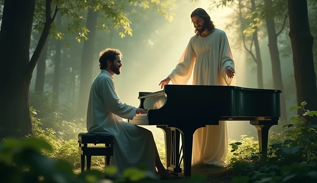 A serene scene of a male pianist playing a grand piano in the middle of a lush forest, ethereal spirits surrounding him, Jesus gently hugging the pianist from behind, soft ambient lighting filtering through the trees, highly detailed, cinematic atmosphere,tranquil and mystical setting, 4k resolution