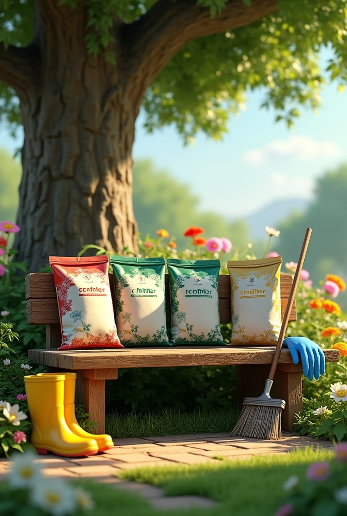 Terdapat 3 bungkus baja dan sepasang kasut getah kebun berwarna kuning dan gunting  pemotong pokok bunga berwarna silver dan sepasang sarung tangan getah berwarna biru di atas sebuah bangku kayu di bawah pokok besar, terdapat penyapu dan pencakar rumput bersandar di bangku tersebut, 3D Style dengan latar belakang sebuah Taman bunga