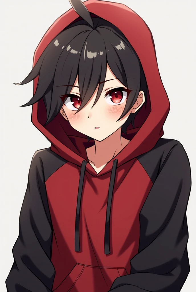 anime male character wearing a red and black hoody, the expression on his face is lazy, droopy, and somewhat uninterested, he has red eyes, his attitude is laid-back and nonchalant and restless, he looks as if he could care less about anyone or anything.