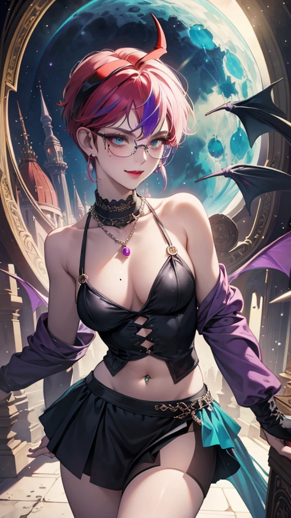 8k, masterpiece, best quality, highly detailed, 1 girl, tiefling, warlock, pixie cut, multicolored hair, very short straight hair red highlight hair on white hair, strippled hair, wearing glasses, round glasses, earrings, navel piercing, red eyeshadow, long eyelashes, blushed cheek, red lips, pearl necklace, rings, collarbone, mole on face, glamorous, teal and purple clothes, sleeveless, miniskirt, smirk, close up view, rings, looking at viewer, demon horns, solo, starry sky, pale blue moon, standing, boxing stance, demonic arms, chains on the background, black transparent laced gloves.