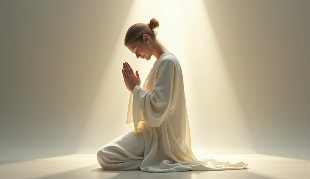 create a person on his knees, with feet flat on the floor and hands clasped in front of chest in an attitude of prayer. The head should be tilted slightly downwards, reflecting a state of introspection and humility. Clothing should be simple and respectful., with soft and neutral colors, like white, gray or pastel tones, it could be a tunic or a dress, depending on the desired cultural context. The facial expression should be one of peace and devotion., with eyes closed and a slight smile of serenity, if appropriate. The background should be soft and non-intrusive., preferably in neutral tones or in a typical prayer environment, such as a quiet room or an outdoor space with soft lighting. Lighting should be soft and diffuse, creating a sense of calm and spirituality, with a soft glow around the figure to give a celestial or awe-inspiring effect. Make sure the image is high resolution, with sharp and clear details, reflecting the texture of the clothing, facial expression and posture in a well-defined way. The image should evoke a feeling of peace, tranquility and devotion, with a composition that reflects an atmosphere of calm and spirituality, paying special attention to the subtle details of posture and lighting.
