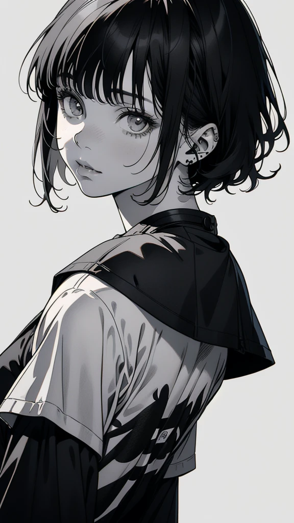 1 boyish girl, solo, sharp eyes, monochrome, greyscale, short black hair, portrait, T-shirt, closed mouth, looking at viewer, sketch, graphite \(medium\), detailed lips, hatching \(texture\), without makeup, bangs, upper body, (best illustration), (best quality), (very detailed), (masterpiece), expressionless,