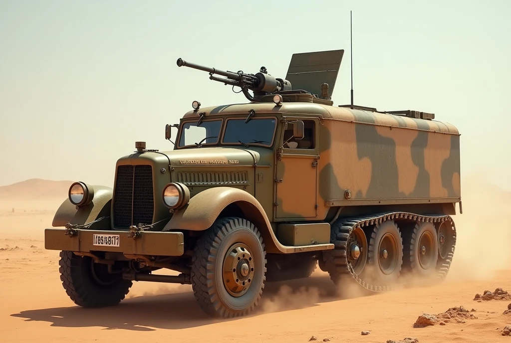 Pontiac WWII Half-Track、Shallow depth of field、(masterpiece:1.3) (最high quality:1.2) (high quality:1.1)、Cinematic Light, ((Cinema Lighting),(Natural light),(High level of artistry),(artistic),(Genuineと見分けがつかない品質),RAW Photos,Genuine,Genuine,High resolution,RAW Photos,masterpiece, beautiful,Roof hatch and roof mounted machine gun.Heavily armed, Heavy Armor, Military Vehicles, Military weapons, Military equipment, Camouflage,desert