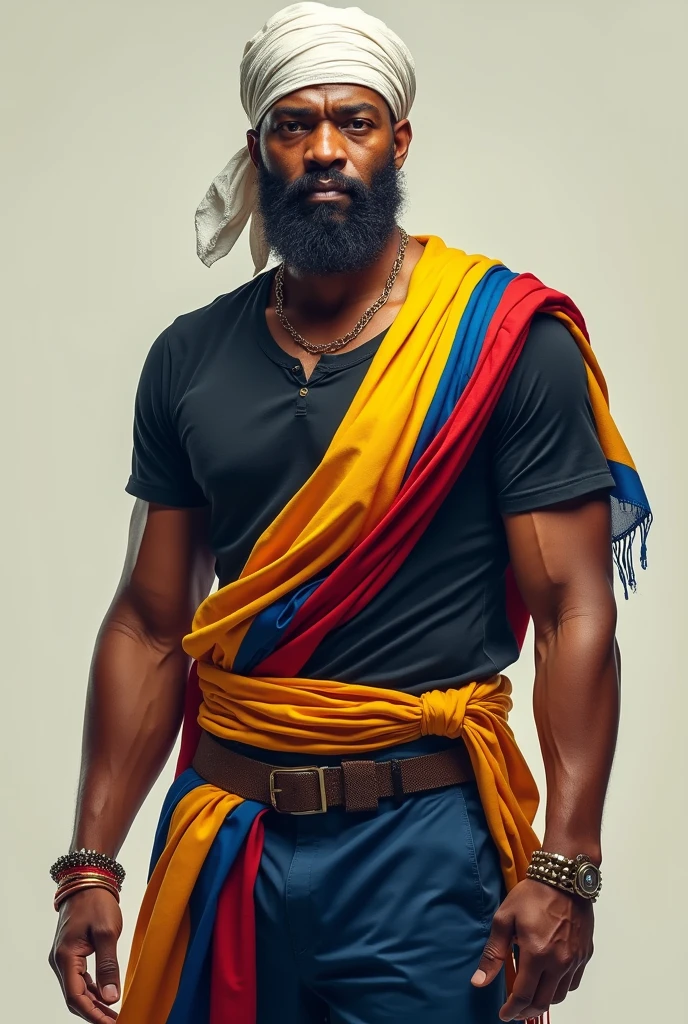 man wearing black pants and shirt with yellow, red and blue sash and also wearing white bandana