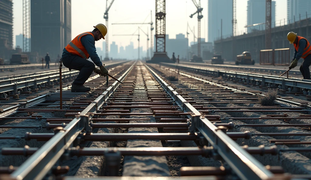 Design a detailed image showcasing a construction site with a focus on reinforcing steel bars being installed within the framework of a large concrete structure. The steel bars are meticulously arranged in a grid pattern, demonstrating their crucial role in strengthening the foundation. The background includes cranes, construction workers in hard hats, and partially constructed buildings. The lighting emphasizes the metallic sheen of the steel and the solidity of the concrete, symbolizing structural integrity and durability
