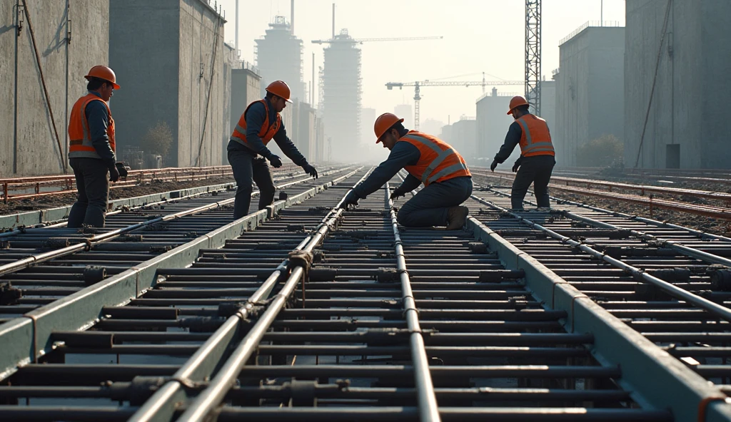 Design a detailed image showcasing a construction site with a focus on reinforcing steel bars being installed within the framework of a large concrete structure. The steel bars are meticulously arranged in a grid pattern, demonstrating their crucial role in strengthening the foundation. The background includes cranes, construction workers in hard hats, and partially constructed buildings. The lighting emphasizes the metallic sheen of the steel and the solidity of the concrete, symbolizing structural integrity and durability