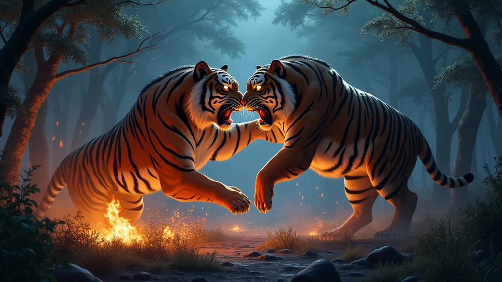 2 big monsters tigers fighting each other in the forest at night nearby the fire 8k  