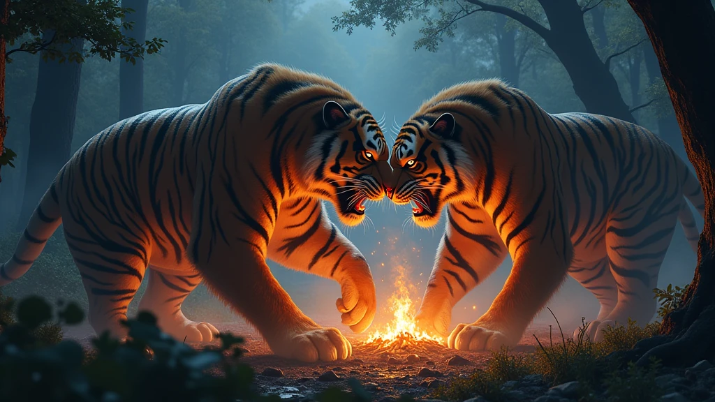 2 big monsters tigers fighting each other in the forest at night nearby the fire 8k