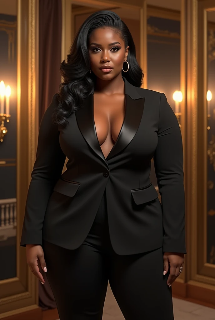 A body that looks like its clothes will burst with muscles,Create a high-resolution realist 3d image of a dark skin toned melanin elegant woman with a findom dominant and commanding persona and Prescence wearing luxurious attire, such as a tailored suits or designer dress, and posed in a confident stance. full body tall and plus size curvey body 5'9 265 lbs This mage should exude power, control, and sophistication, with a hint of mystery. the back ground is lavish hight rise office or a luxurious richly decotated tool reflecting wealth and power
