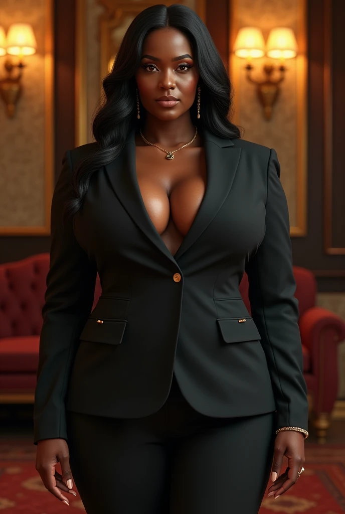 A body that looks like its clothes will burst with muscles,Create a high-resolution realist 3d image of a dark skin toned melanin elegant woman with a findom dominant and commanding persona and Prescence wearing luxurious attire, such as a tailored suits or designer dress, and posed in a confident stance. full body tall and plus size curvey body 5'9 265 lbs This mage should exude power, control, and sophistication, with a hint of mystery. the back ground is lavish hight rise office or a luxurious richly decotated tool reflecting wealth and power