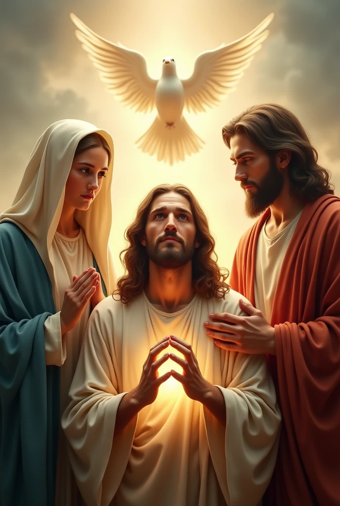 Make me a photo of mother mary, holy spirit, god father, jesus, Very realistic, photo taken using a Nikon camera
