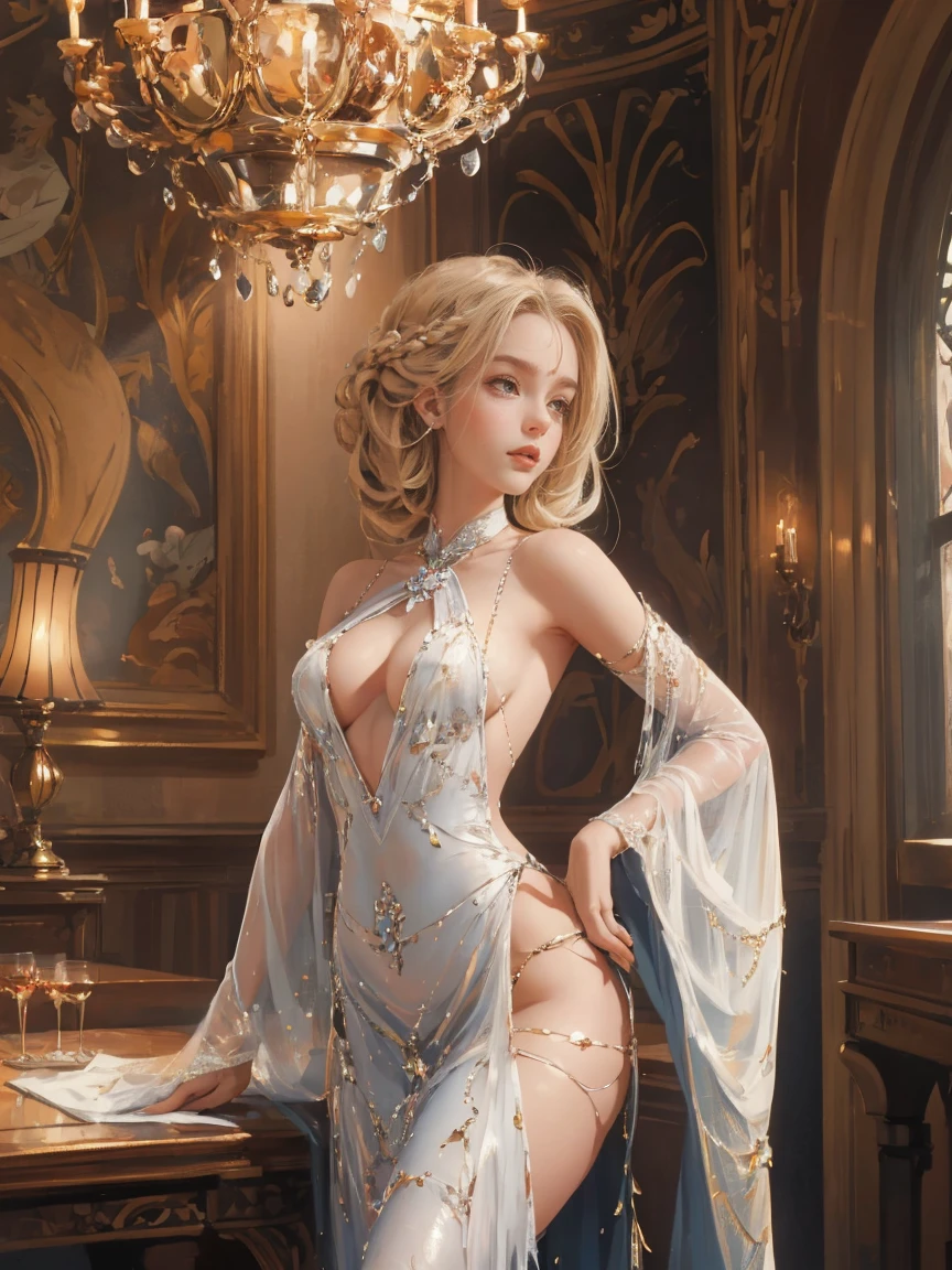 landscape, best quality, super fine, 16k, incredibly absurdres, extremely detailed, blonde beauty, amorous and lewd expression, half-updo with braids hair, sexy elegant long dress that shows off your breasts from the side, superlative body proportion, BREAK , background stained-glass gorgeous room made from sparkling finely crushed colorful gemstones