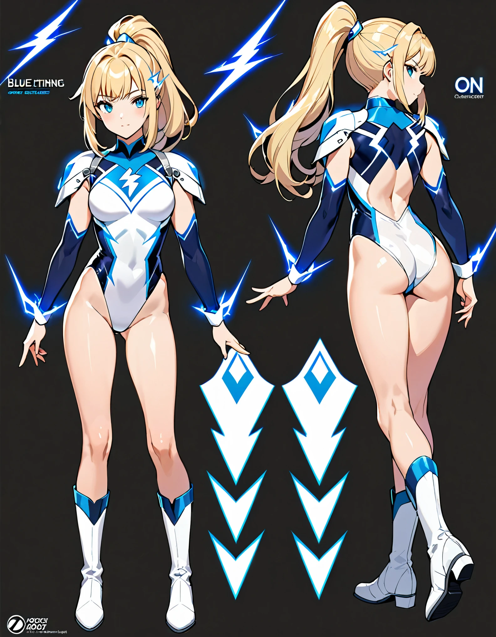 1girl, tall body, light blonde hair, aquamarine eyes, boots, breasts, bracelets, hair ornament, (shoulder-length hair, ponytail, bangs), full body with costume, (leotard, perfect leotard, gymnast outfit leotard, white leotard with blue accents, bare legs), hi-tech shoulder pads, (white boots), medium breasts, perfect hands, complete fingers, perfect anatomy, perfect proportions, solo, solo focus, superhero, ((blue lightning/(logo/) on chest)), beautiful detailed eyes, beautiful detailed face, age 18. Simple background, Multiple Views, Character Sheet Full-Length.