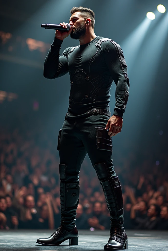 Create an innovative, futuristic and very masculine outfit for a male singer .That gives the impression of a powerful man.Let your posture be forward in movement, singing with microphone in hand , with a lot of people watching him attentively .Someone imposing with broad shoulders but a solid, athletic body with a narrow waist that is very manly. .
Let your garment be new, something never seen before. In black and dark grey tones, it is made with fine details for the torso, it could be a shirt, a sweatshirt or something very close to your body..With fine futuristic details .But his torso is covered and with novel details in the pants that give it a futuristic impression..
With shiny black vinyl boots with novel details such as a thin, non-rounded toe that also has high, square heels that give it height., slim the singer and stylize him .