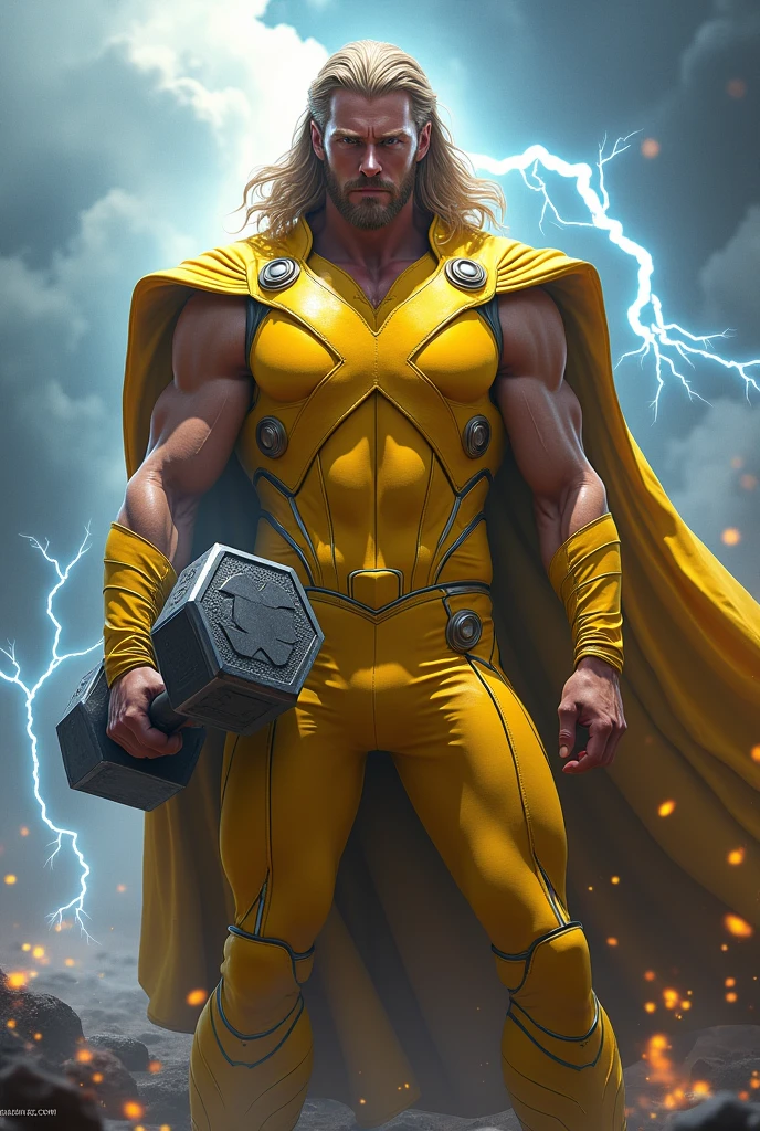 Thor with wearing yellow X-men Suit and X logo on this Chest with hammer
