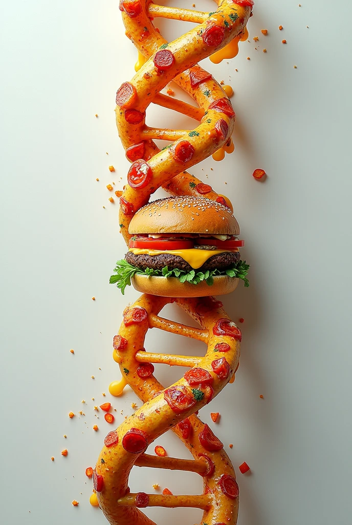 Create food dna with proper dna structure with burger & pizza be creative